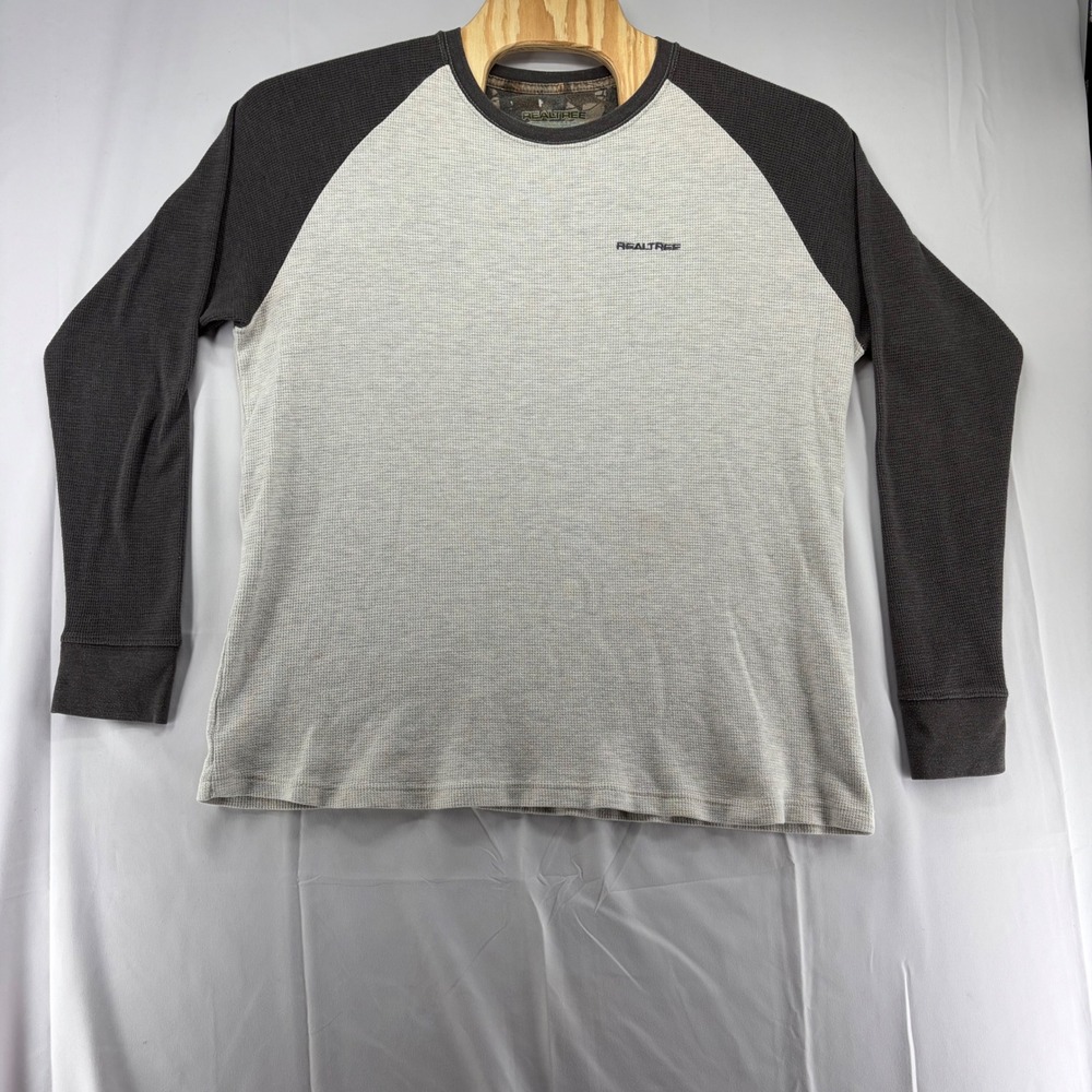 Realtree Mens Thermal Shirt XL Waffle Knit Raglan Long Sleeve Oatmeal Charcoal